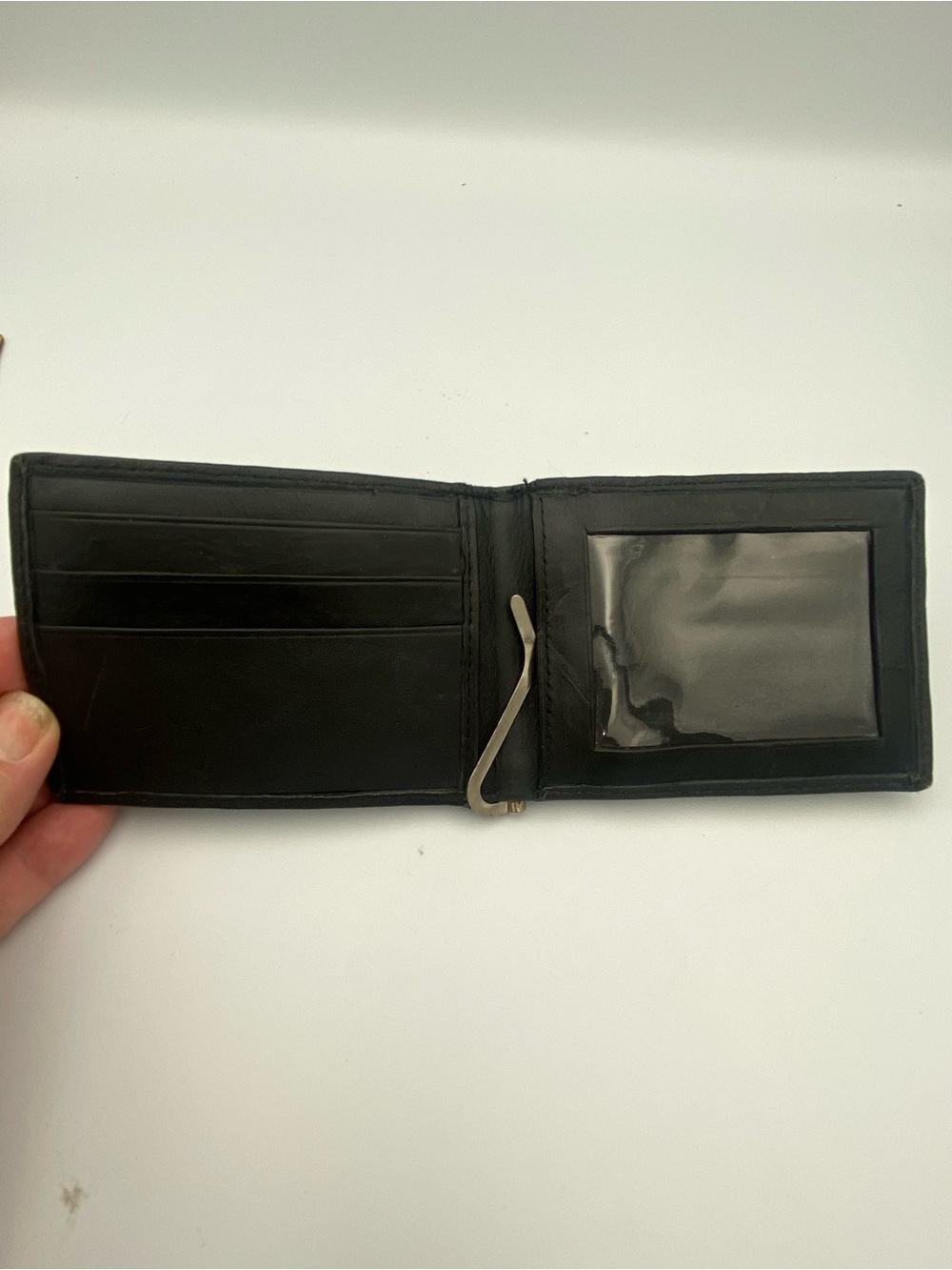 Black Leather Bifold Wallet with ID Window and Money Clip